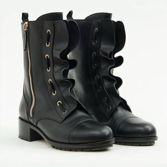VALENTINO GARAVANI Calfskin Ruffle Combat Boots - Picture 1 of 9